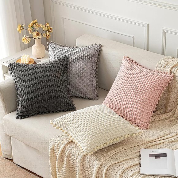 Pompom Cream Stripe Texture Corduroy Farmhouse Cute Luxury Soft Pillow Cover Set - Picture 2 of 7